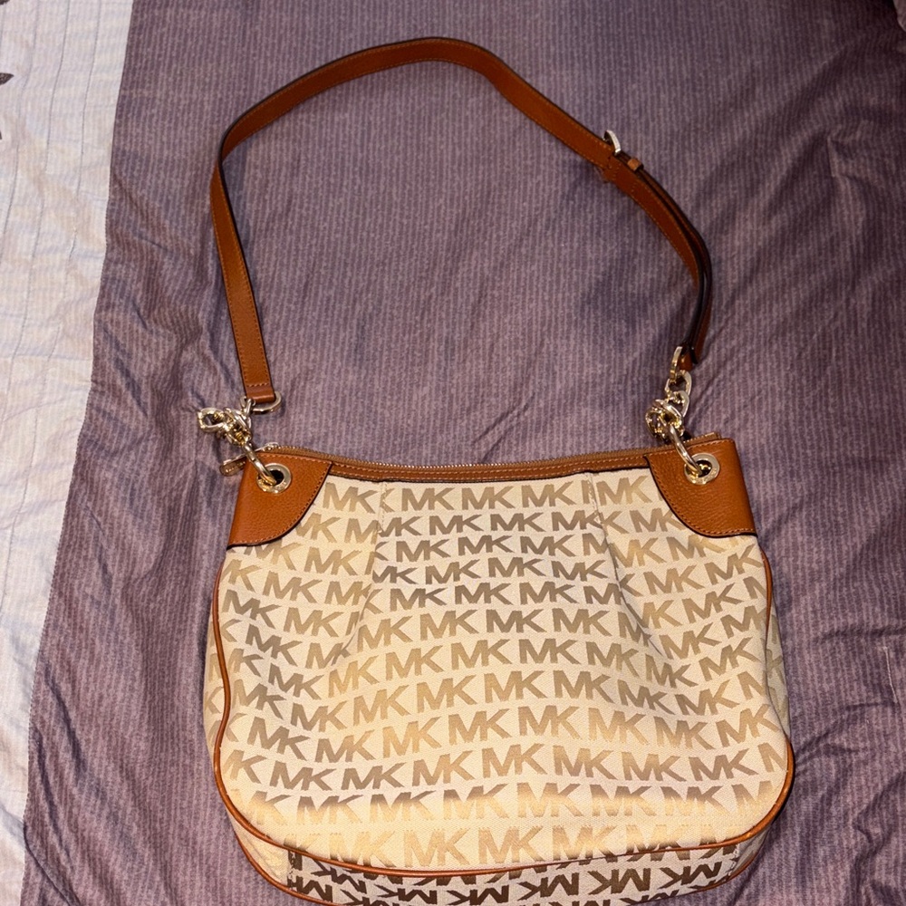 Michael Kors Cream and Tan Logo Shoulder Bag
